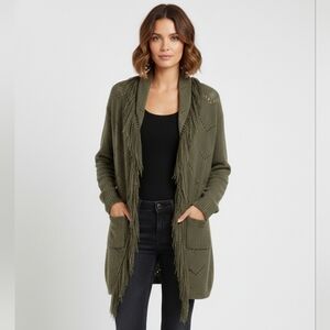 Boho Olive Green Fringe Shawl Cardigan with Convertible Hood